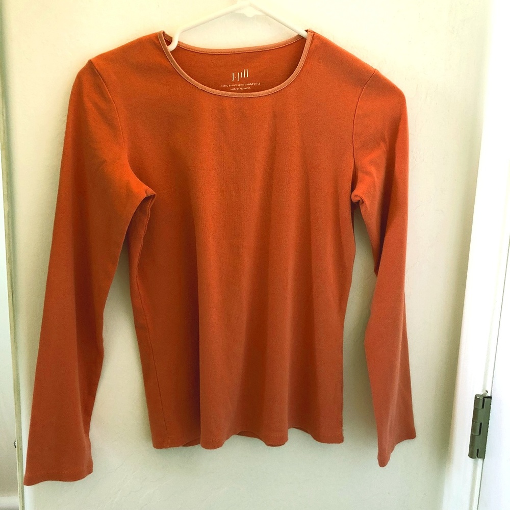 J Jill Orange Satin Trim Tee Long Sleeve Tee